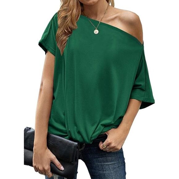 Women’s XXL Green Off Shoulder Short Sleeve Front Twist Knot Top Blouse - Picture 1 of 7